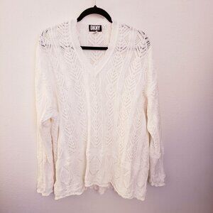 DKNY White Crochet 100% Cotton V Neck Oversize Tunic Sweater Size L